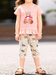 Children's Cat Ruffled Hem Tee and Leggings Set