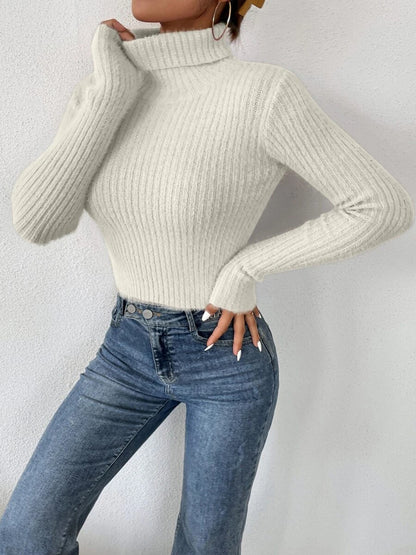 Cropped Ribbed Turtleneck Long Sleeve Sweater