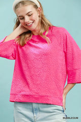 Round Neck Textured Floral Terry Blouse