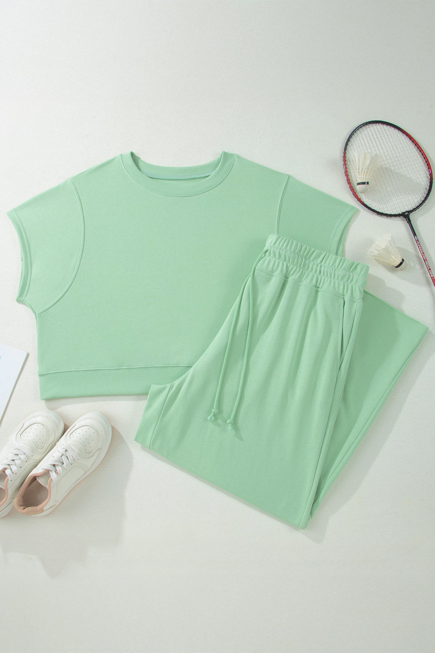 Ribbed Trim Top and Drawstring Loose Pants Set