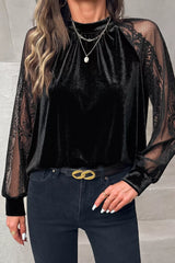 Solid Color Sheer Lace Long Sleeve Patchwork Stand Neck Velvet Blouse
