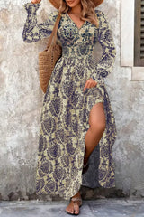 Printed V-Neck Long Sleeve Maxi Dress