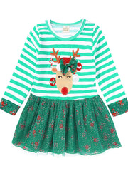 Children's Christmas Reindeer Applique Striped Long Sleeve Dress