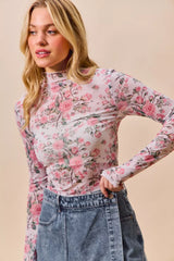 SO ME Floral Rose Print Mesh Sheer Layering Top