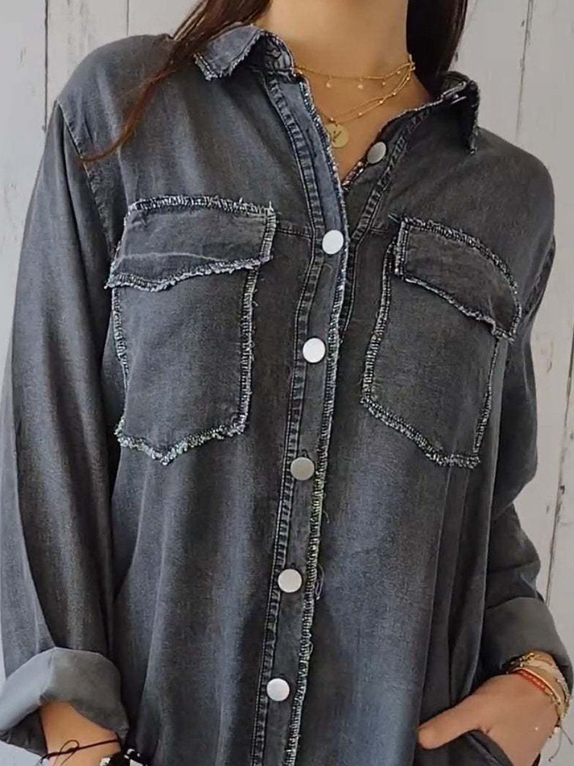 Full Size Raw Hem Button Up Long Sleeve Denim Top