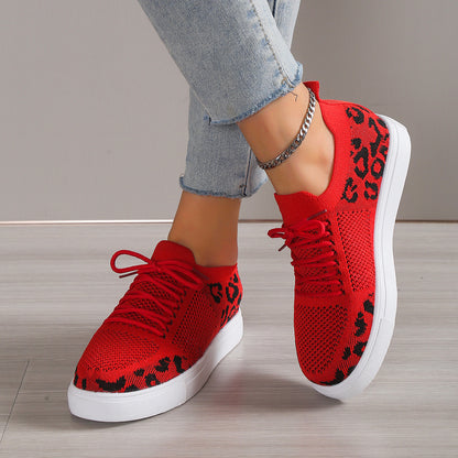 Women's Lace-Up Leopard Flat Sneakers