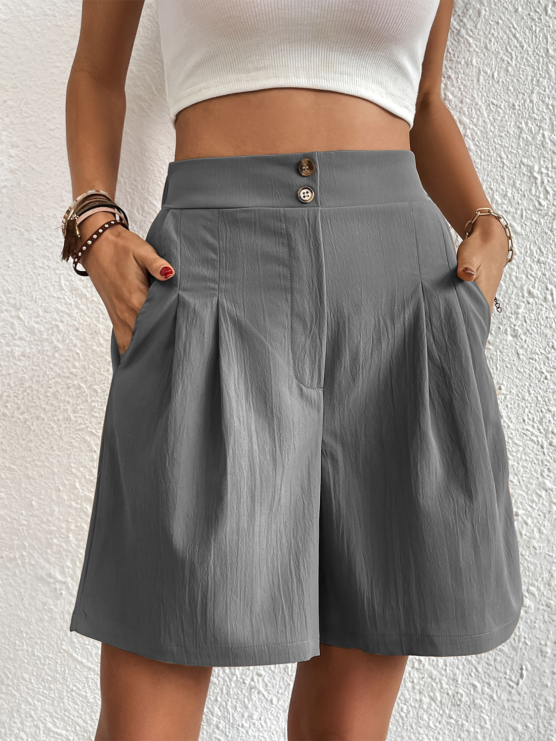 Pocketed Elastic High Waist Shorts