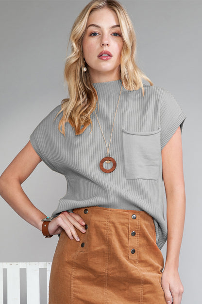 Patch Pocket Ribbed Knit Short Sleeve Sweater