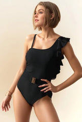 Davi & Dani Solid One Shoulder Ruffle One Piece Swimsuit