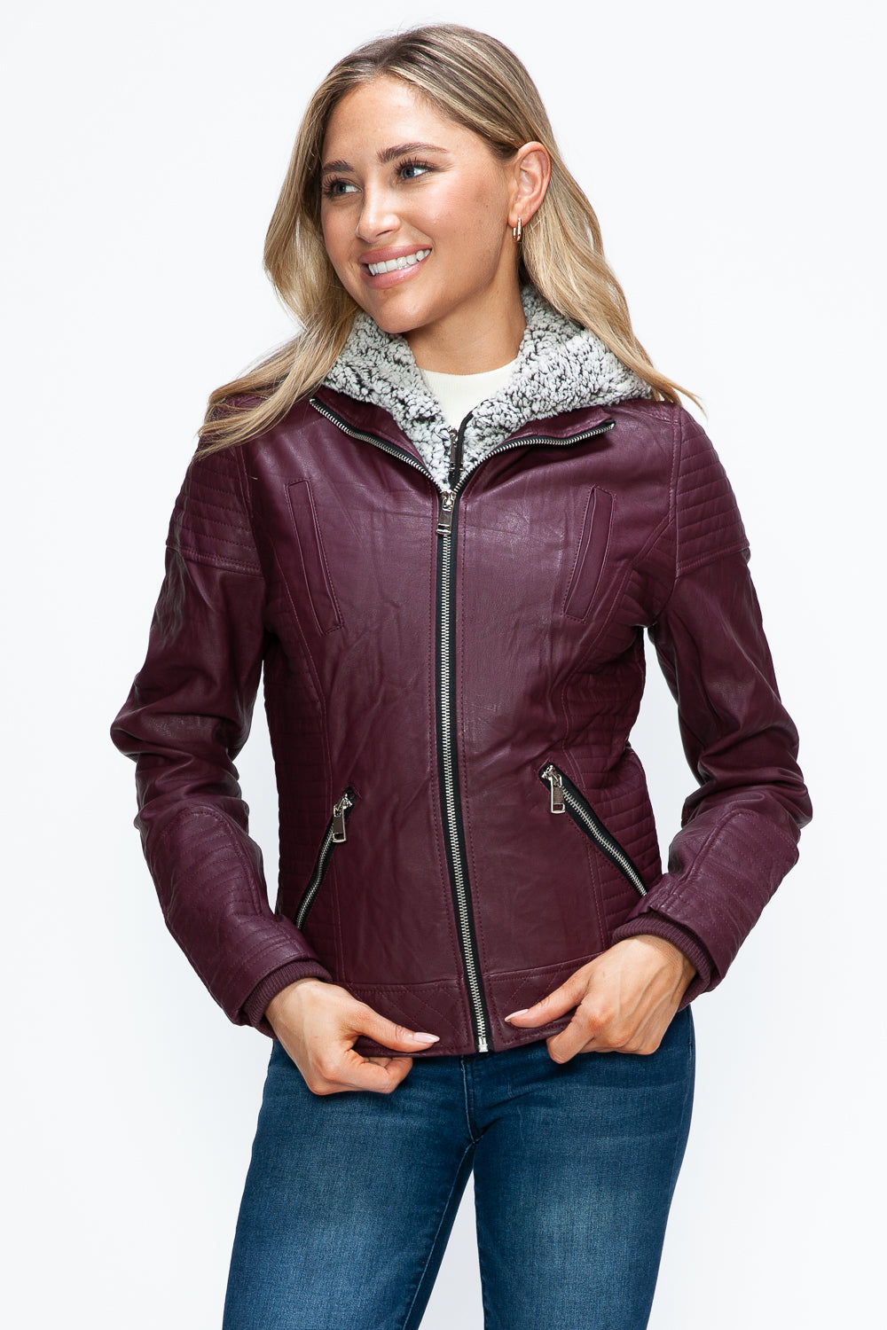 Women's Faux Layered Double-Zipper Jacket with Fuzzy Hood