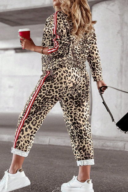 Plus Size Leopard Round Neck Top and Pants Set