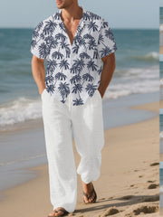 Men's Tropical Palm Print Button Up Shirt and Pants Set