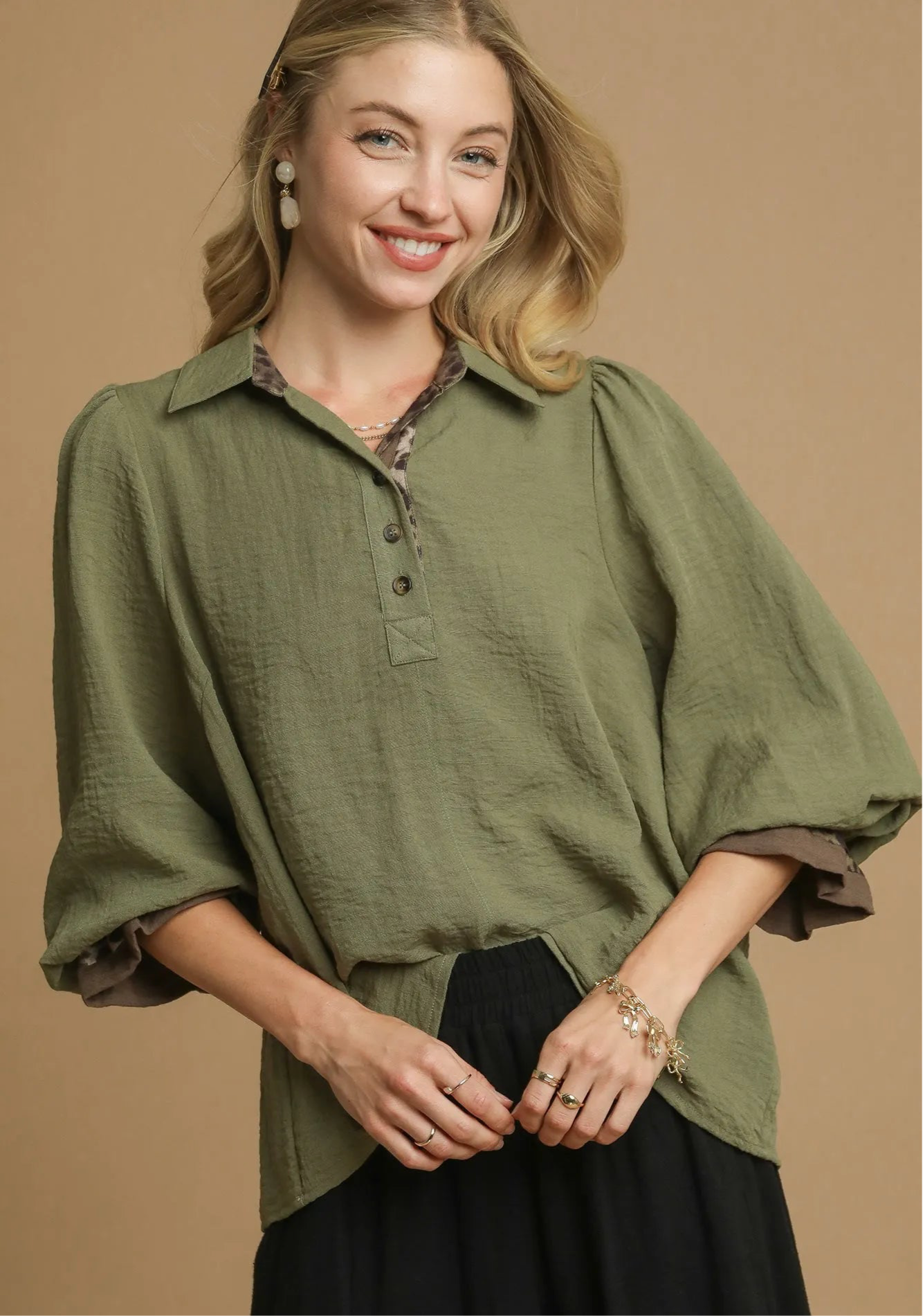 Leopard Print Trim Blouse