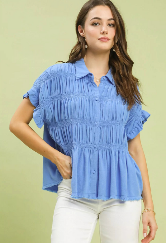 Washed Linen Cotton Blend Smocked Shirt
