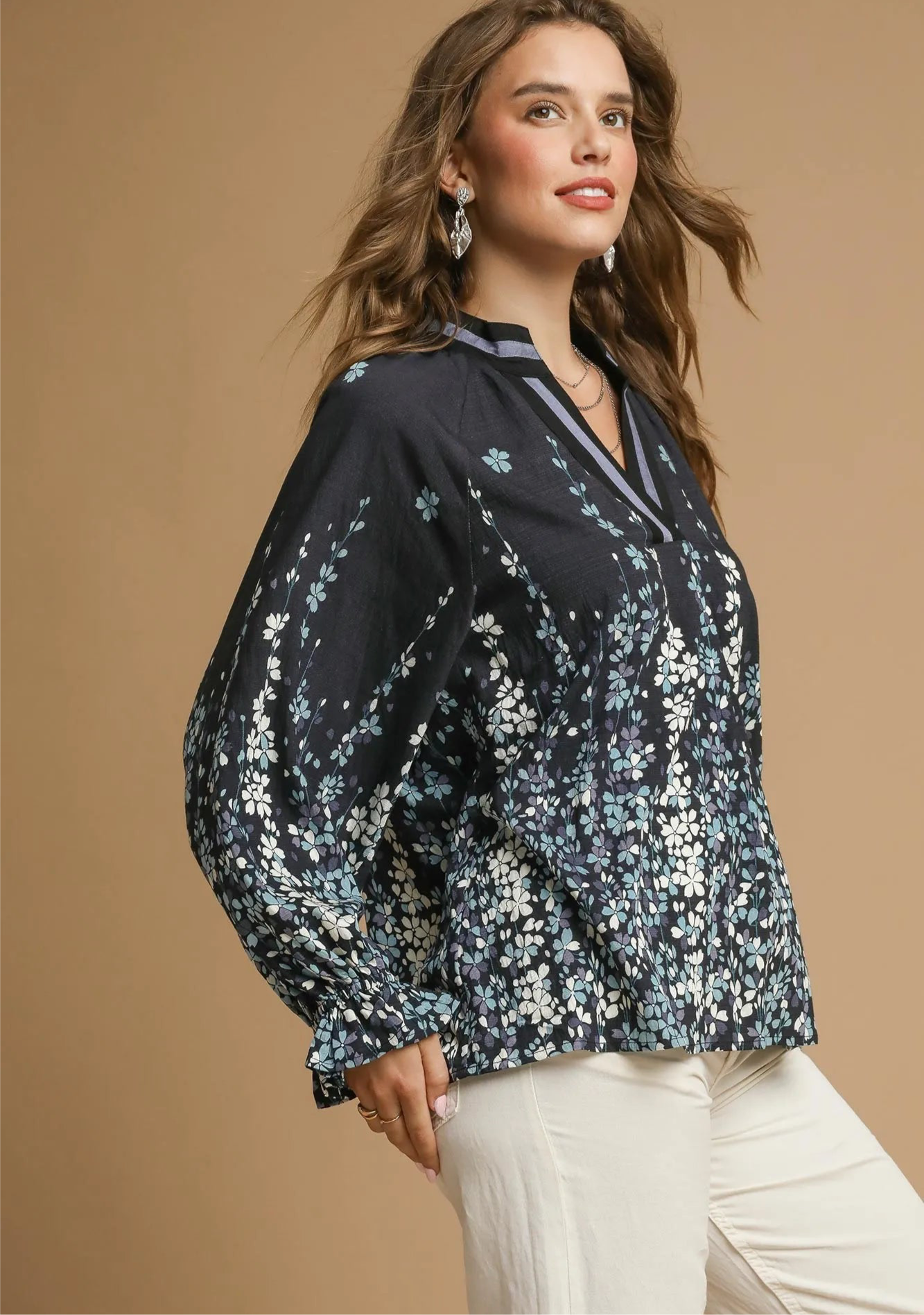 Floral Print Blouse with Balloon Sleeves