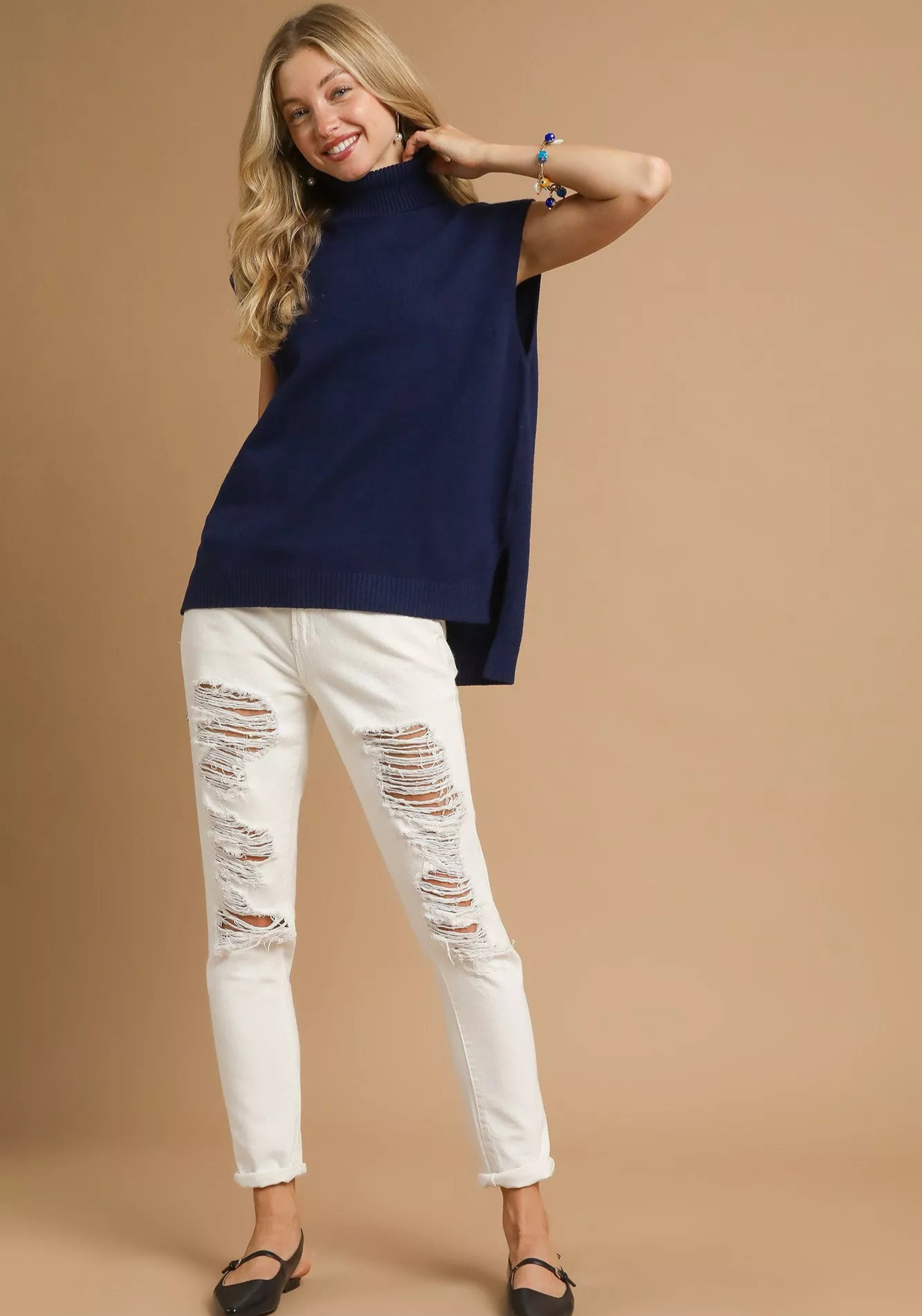 High-Low Turtleneck Sleeveless Sweater