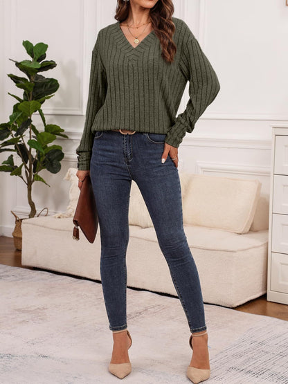 Ribbed V-Neck Long Sleeve Top