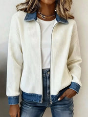 Contrast Denim Collar Ribbed Knit Jacket
