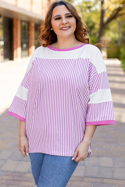 Khaki Stripe Patchwork Bracelet Sleeve Plus Size T Shirt