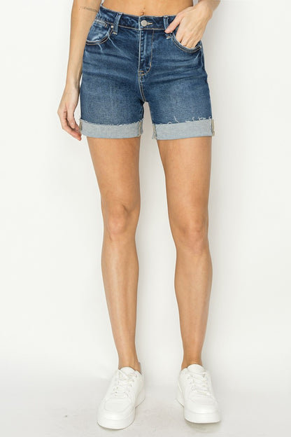 High Rise Cuffed Denim Shorts