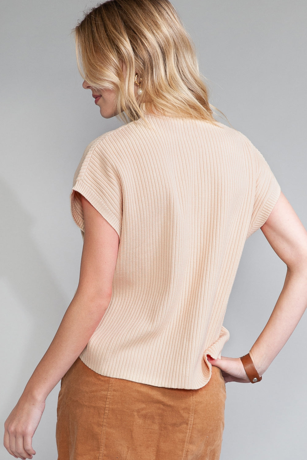 Patch Pocket Ribbed Knit Short Sleeve Sweater