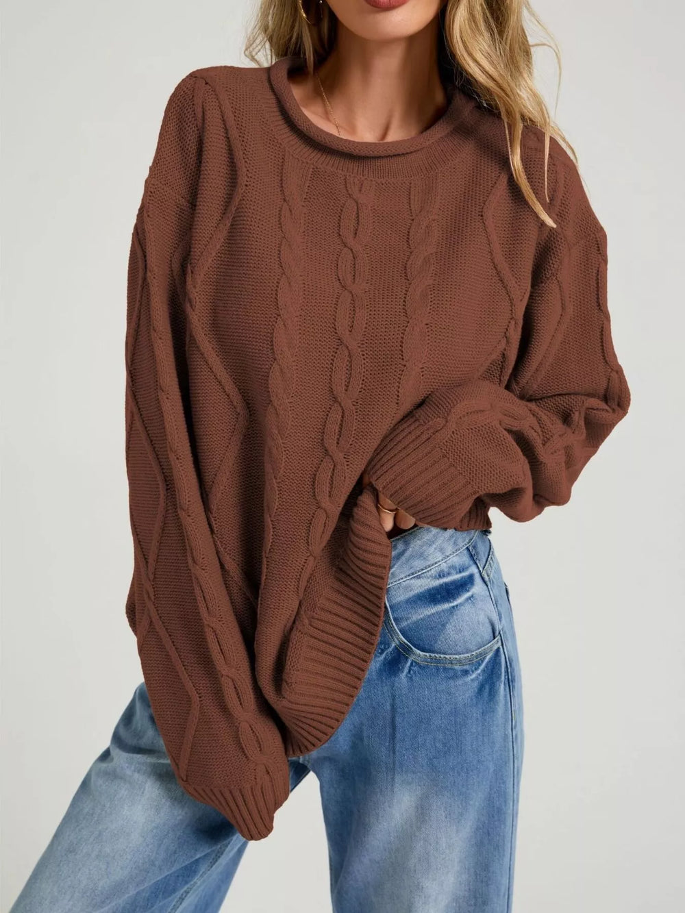 Cable Knit Ribbed Hem Sweater