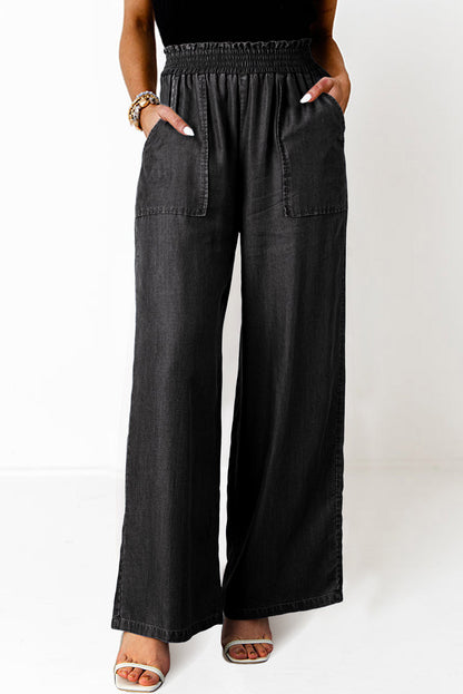 Frilled Smocked High Waist Wide Leg Jeans