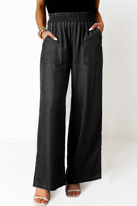 Frilled Smocked High Waist Wide Leg Jeans