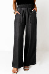 Frilled Smocked High Waist Wide Leg Jeans