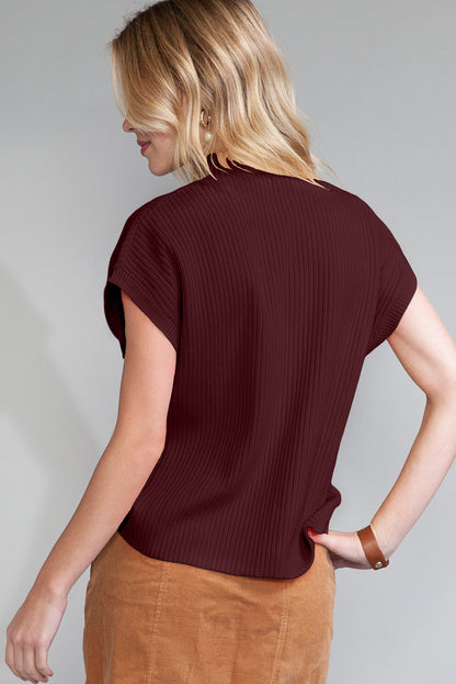 Patch Pocket Ribbed Knit Short Sleeve Sweater