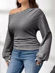 Plus Size Striped One-Shoulder Long Sleeve Blouse