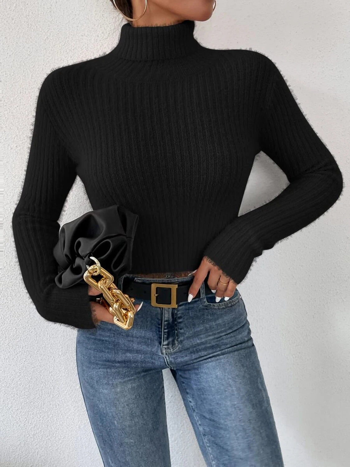 Cropped Ribbed Turtleneck Long Sleeve Sweater