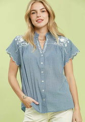 Umgee Embroidered Print Scallop Sleeve Button Front Blouse