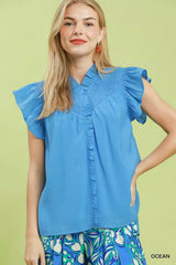 Umgee Smocked Yoke Ruffle Sleeve Blouse