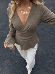V-Neck Wrap Asymmetrical Blouse with Flared Sleeves