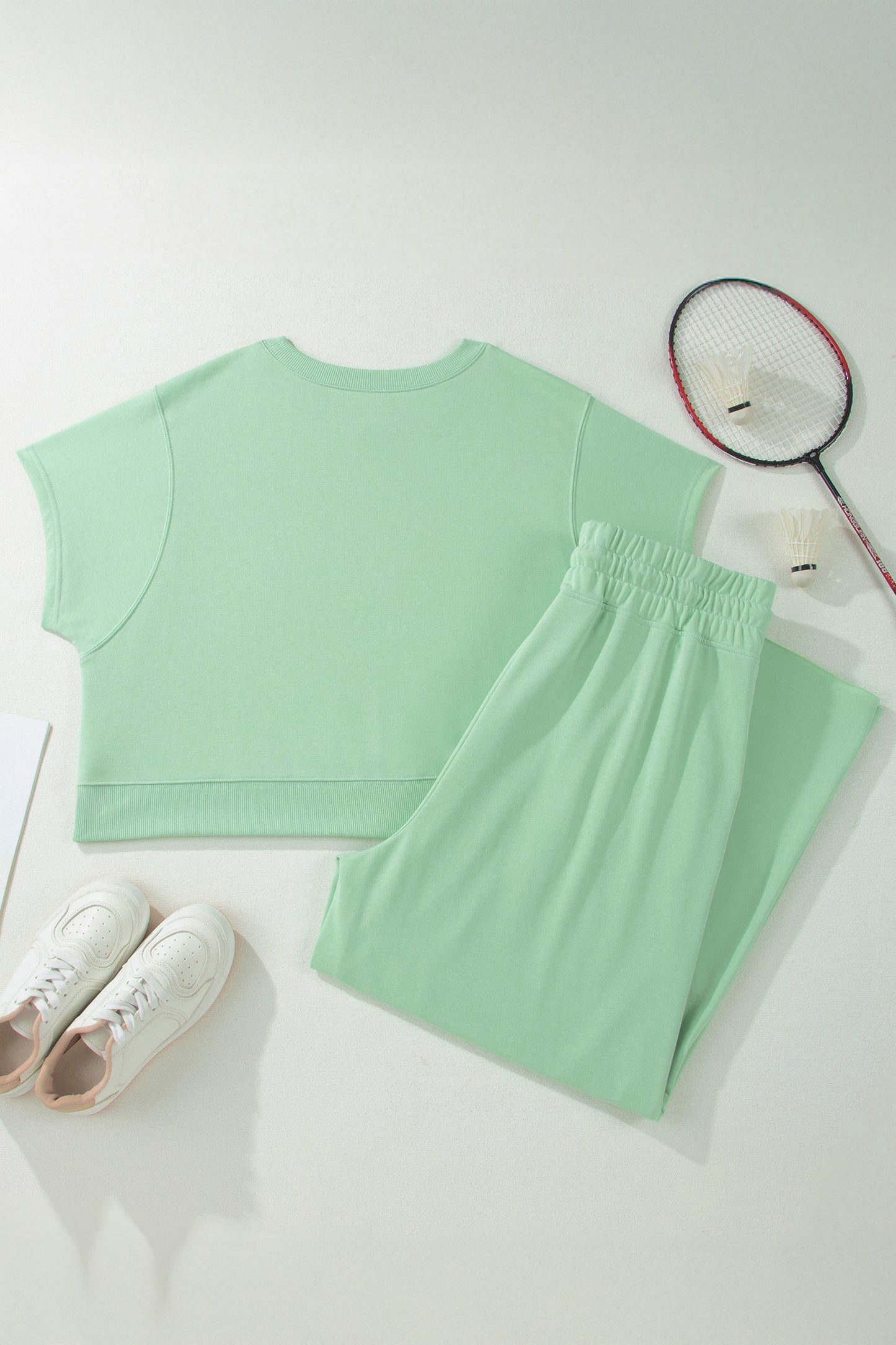 Ribbed Trim Top and Drawstring Loose Pants Set