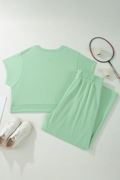 Ribbed Trim Top and Drawstring Loose Pants Set