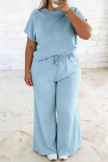 Ribbed Trim Top and Drawstring Loose Pants Set
