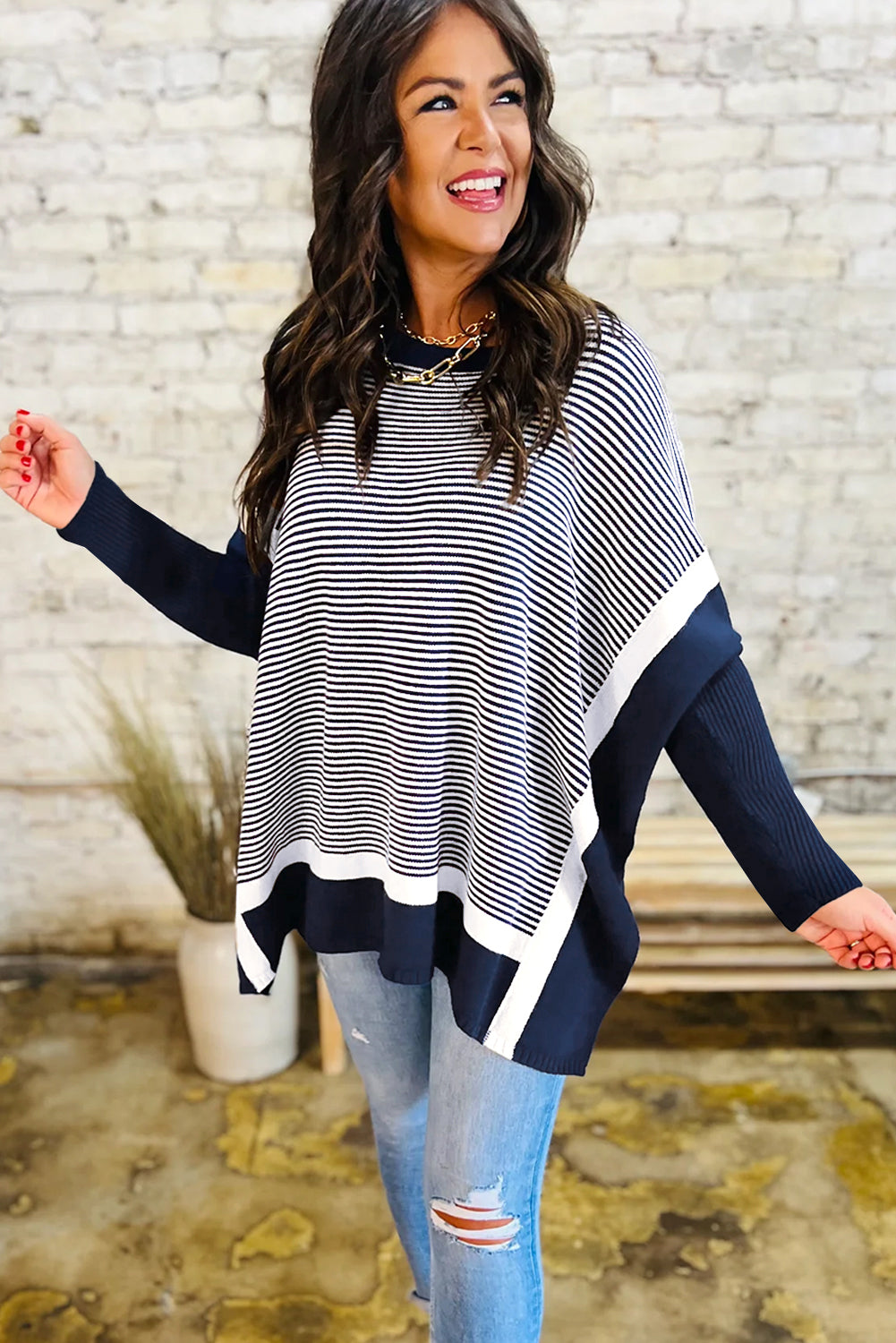 Striped Colorblock Dolman Tunic Sweater
