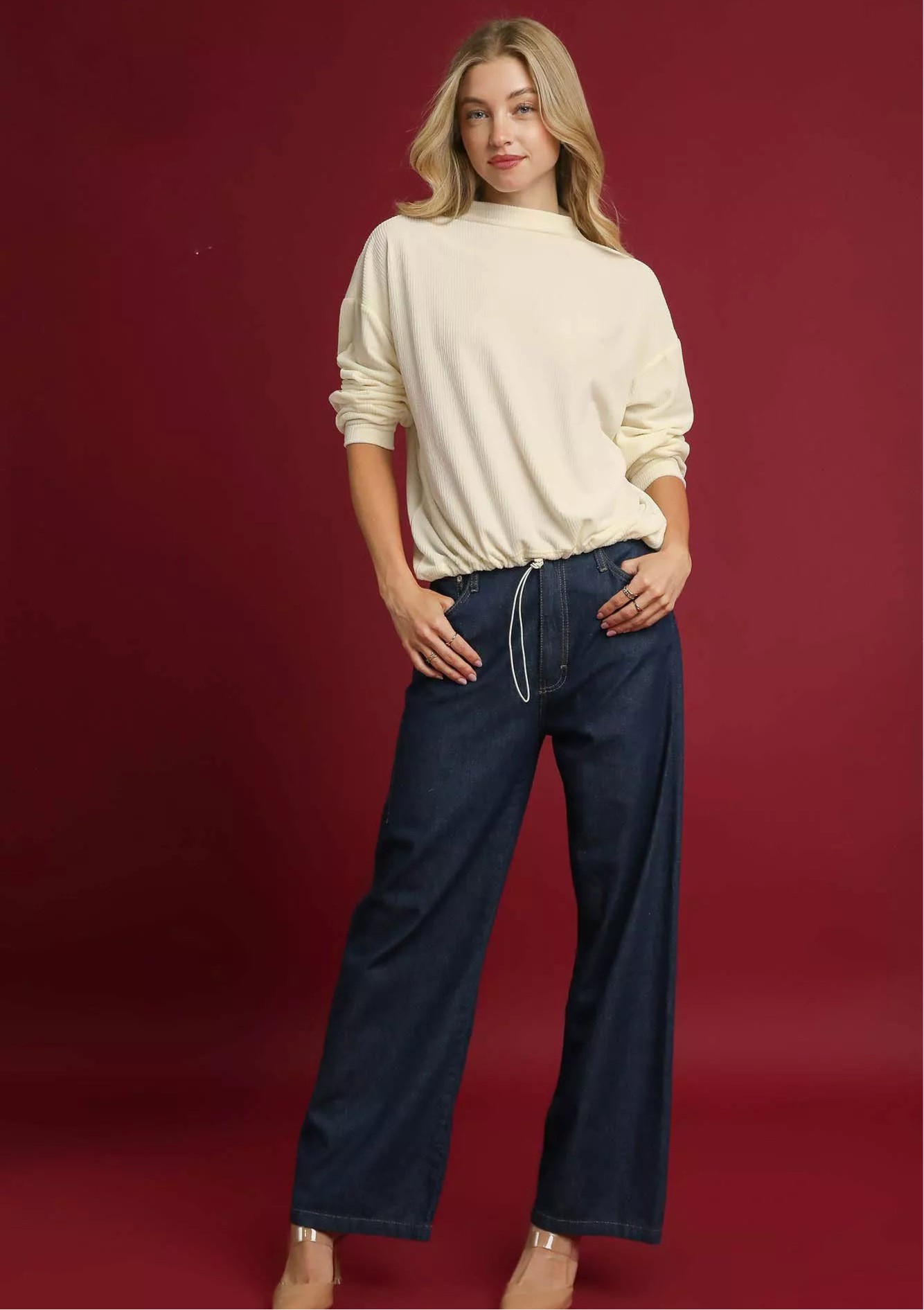 Ribbed Drawstring Hem Knit Top