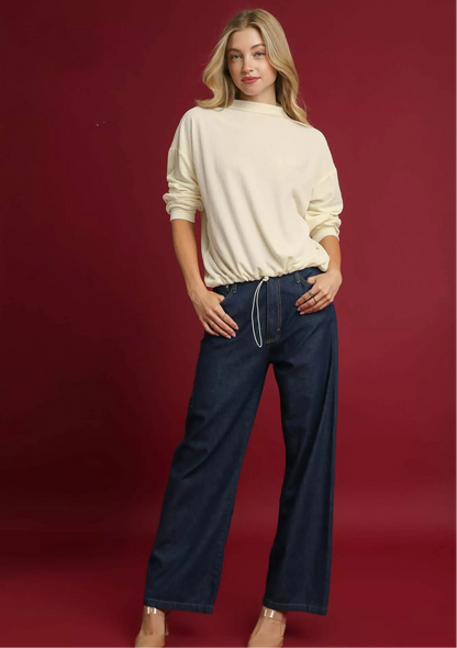 Ribbed Drawstring Hem Knit Top