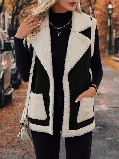 Contrast Open Front Sherpa Vest Coat