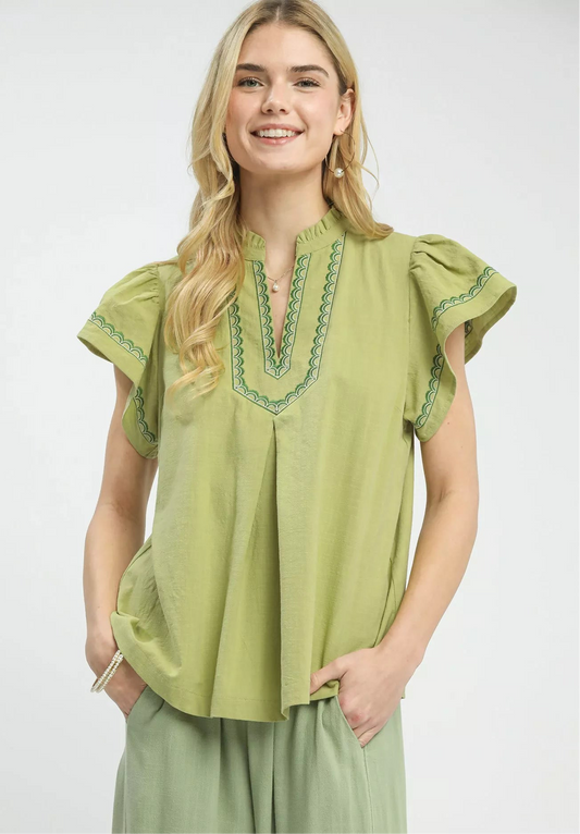 Embroidered Flutter Sleeve Blouse
