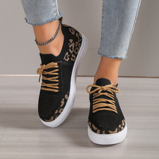 Women's Lace-Up Leopard Flat Sneakers