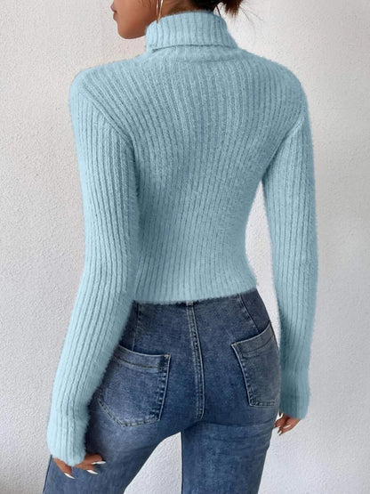 Cropped Ribbed Turtleneck Long Sleeve Sweater