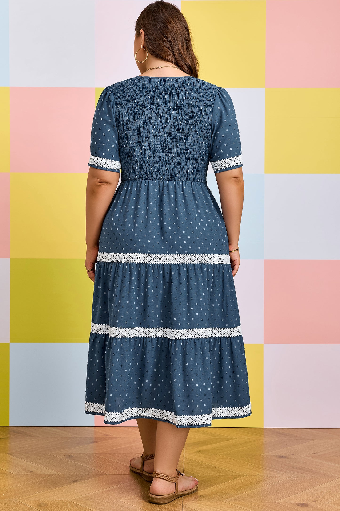 Plus Size Swiss Dot Lace Patchwork Detail Flared Midi Dress