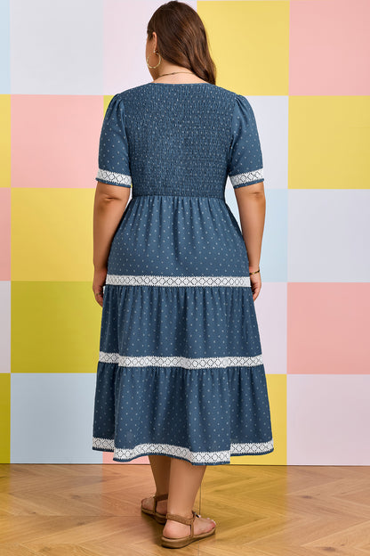 Plus Size Swiss Dot Lace Patchwork Detail Flared Midi Dress