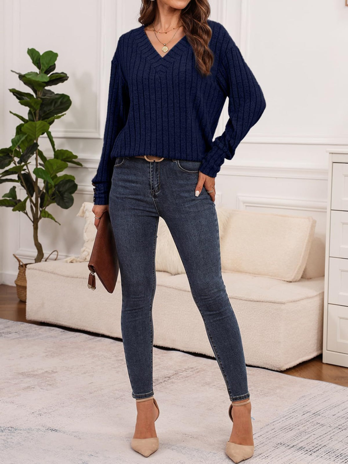 Ribbed V-Neck Long Sleeve Top