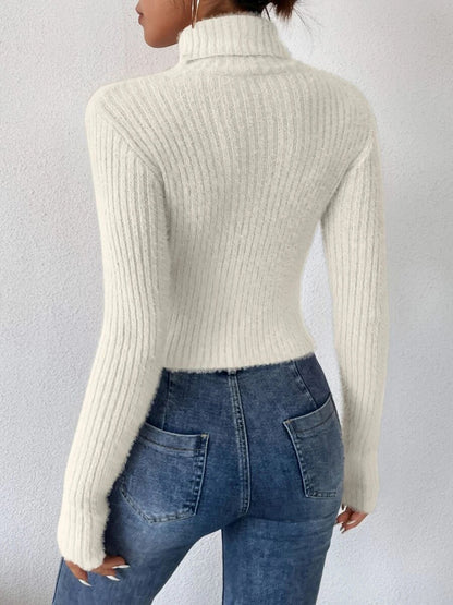 Cropped Ribbed Turtleneck Long Sleeve Sweater