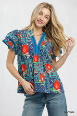 Umgee Abstract Print Flutter Sleeve Blouse